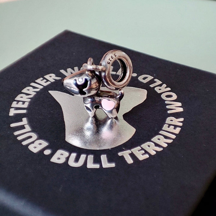 925 Sterling Silver Bull Terrier Charm With Pink Heart | Bull Terrier World